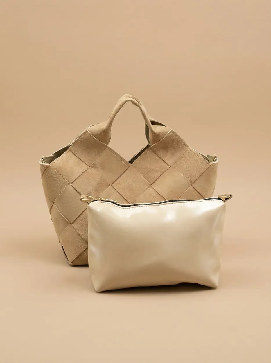 Woven skin-tone ZARVA bag with a smooth matching pouch