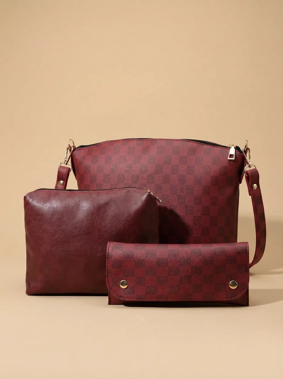 Chroma Check Shoulder Bag – Maroon Checkered Handbag with Long Strap, view 1