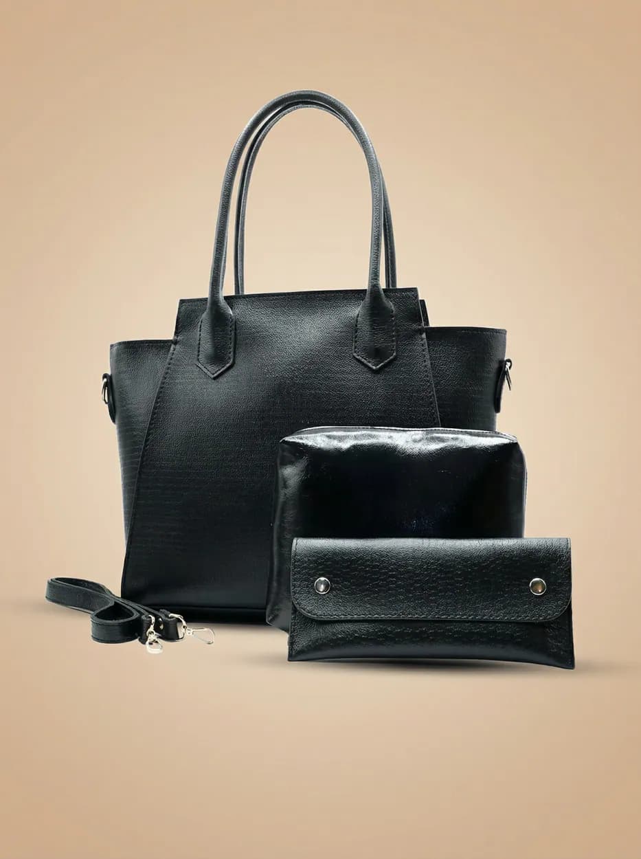 Aurora Box Tote Bag for Women – Black Structured Handbag with Long Strap & Pouch, view 1