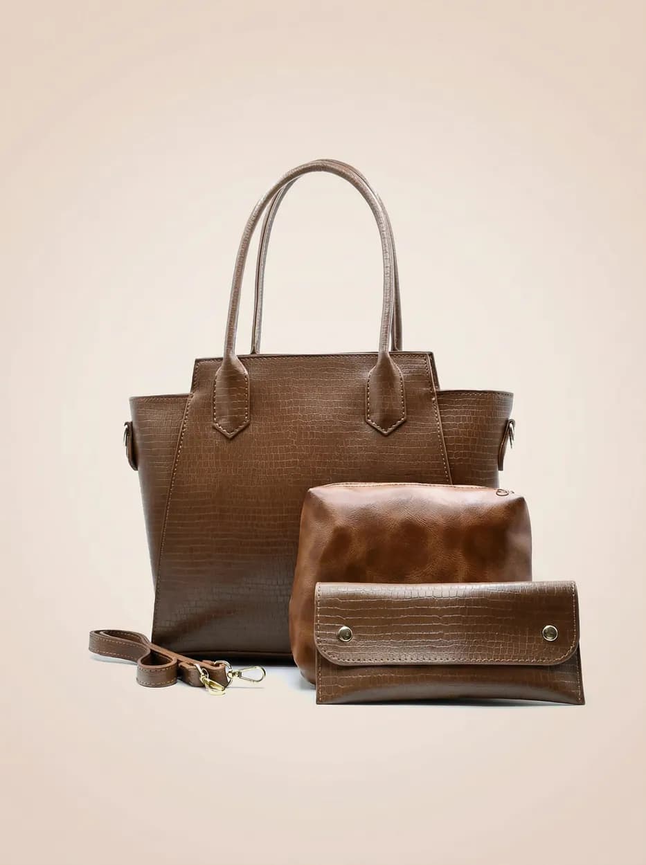 Aurora Box Tote Bag for Women – Brown Croc-Embossed Structured Handbag with Long Strap & Pouch, view 1