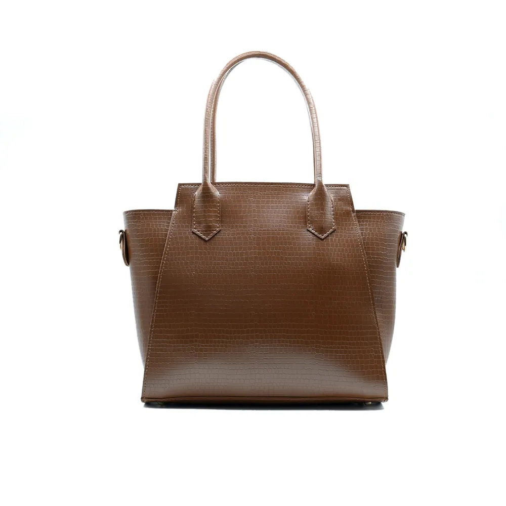 Aurora Box Tote Bag for Women – Brown Croc-Embossed Structured Handbag with Long Strap & Pouch, view 2