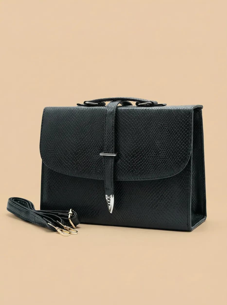 Black structured ZARVA top-handle bag with a buckle strap