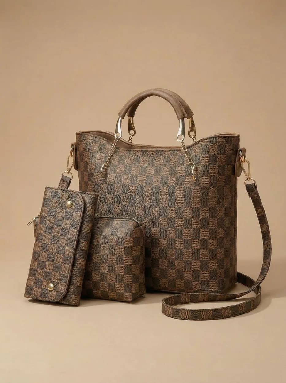 Brown Checkered Tote Handbag for Women, view 1