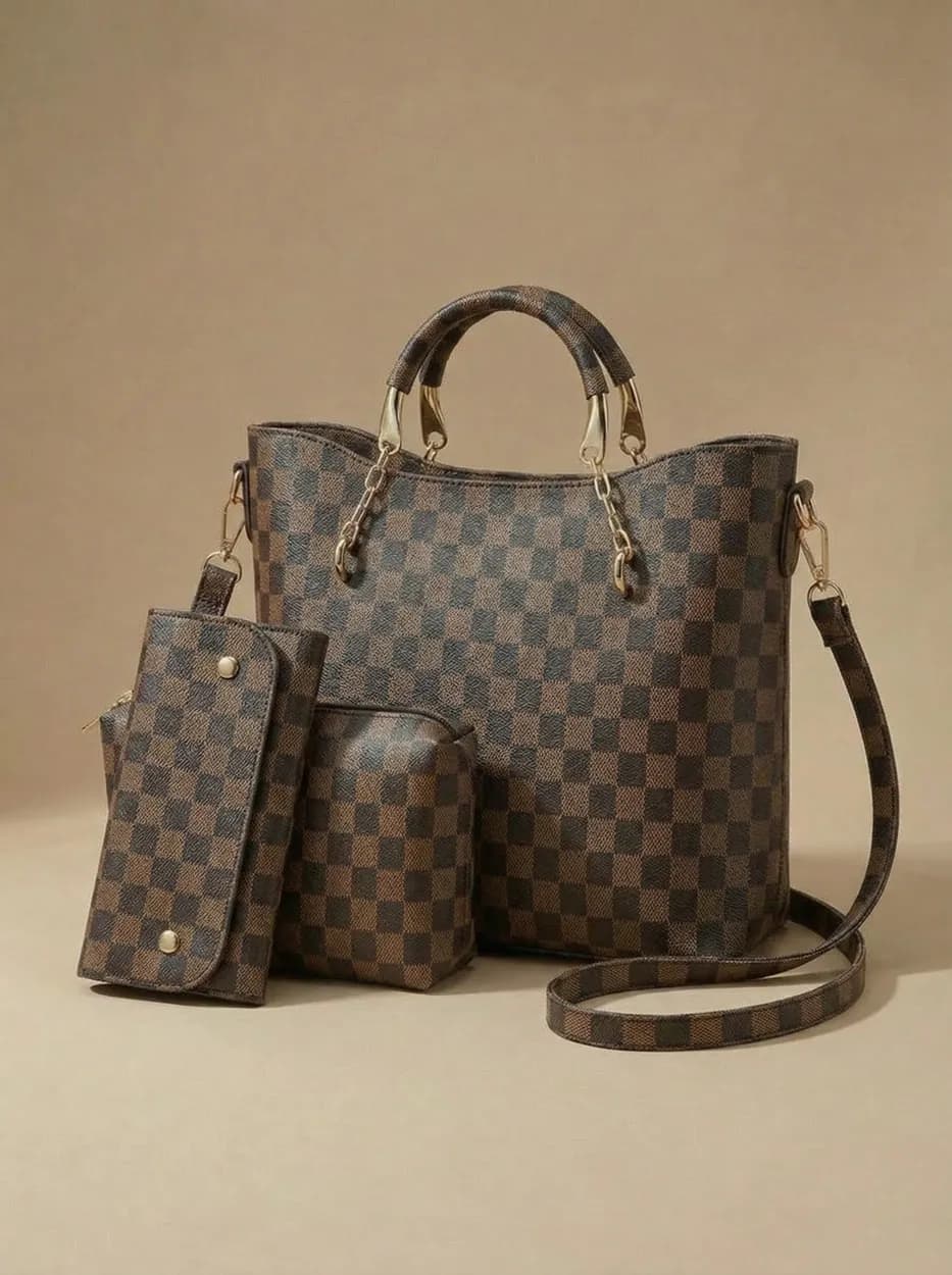 Dark Brown Checkered Tote Handbag for Women, view 1