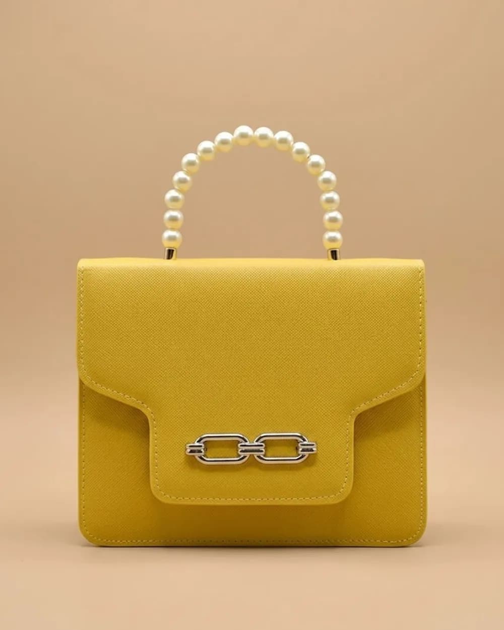 Lustre Pearl Tote – Vibrant Yellow Handbag with Pearl Handle, view 1