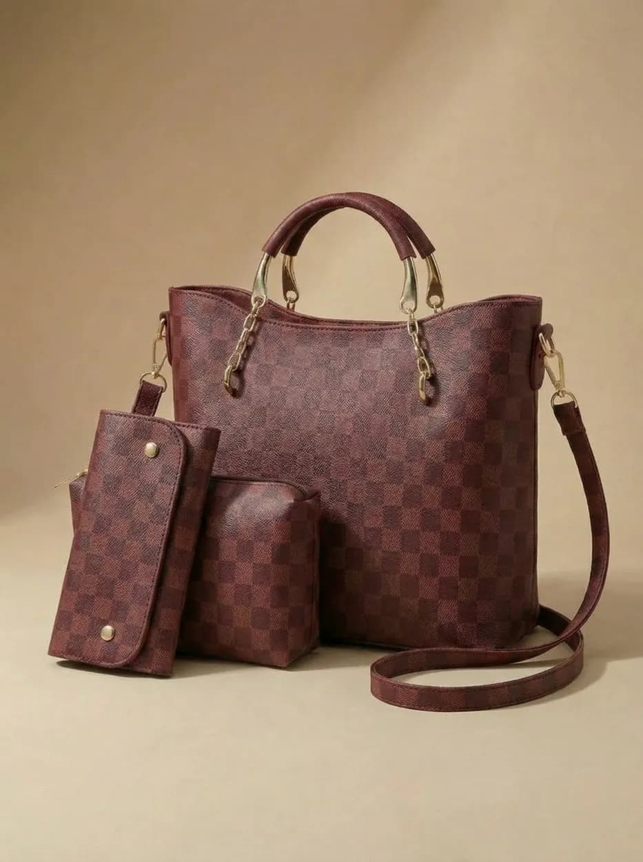 Maroon Checkered Tote Handbag for Women, view 1